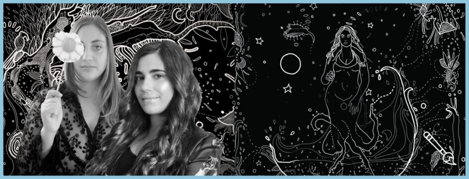 Copertina articolo "Afroditelo allo specchio incontra VENERE" con Alisia Viola (curatrice) e Giulia Lazzaron (artista) a sinistra e opera a cura di Giulia sulla destra